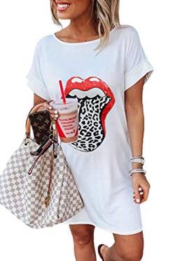 Uusollecy Damen Sommerkleid Tshirt Kleider Damen Rundhals Kurzarm Minikleid, Lippe Leopard Gedruckt Casual Lose Freizeitkleid Bluse Kleider Für Frauen Teen Girls Weiß M von Uusollecy