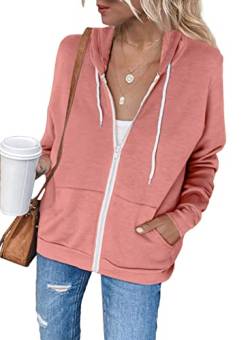 Uusollecy Damen Sweatjacke Hoodie Sweatshirtjacke Pullover Oberteile Kapuzenpullover Einfarbig Full Zip Casual Hoodie Sweatshirt A-rosa L von Uusollecy