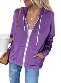 Uusollecy Damen Sweatjacke Hoodie Sweatshirtjacke Pullover Oberteile Kapuzenpullover Einfarbig Full Zip Casual Hoodie Sweatshirt A-violett XL von Uusollecy