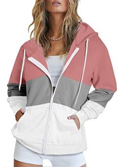 Uusollecy Damen Sweatjacke Hoodie Sweatshirtjacke Pullover Oberteile Kapuzenpullover Einfarbig Full Zip Casual Hoodie Sweatshirt B-rosa L von Uusollecy