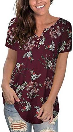 Uusollecy Damen T-Shirt Tunika Sommer, V-Ausschnitt Knopfleiste Kurzarm Bluse, Blumenmuster Gedruckt Übergröße Elegant Oberteile Tops Für Frauen Teen Girls 3XL von Uusollecy