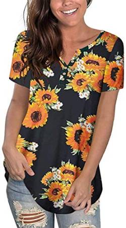 Uusollecy Damen T-Shirt Tunika Sommer, V-Ausschnitt Knopfleiste Kurzarm Bluse, Sonnenblume Gedruckt Übergröße Elegant Oberteile Tops Für Frauen Teen Girls 4XL von Uusollecy