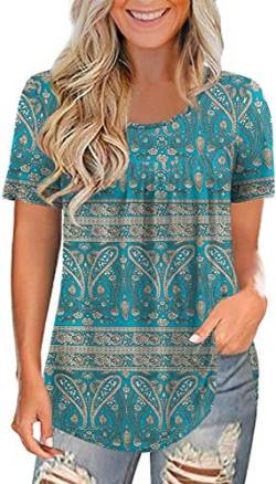 Uusollecy Damen Tunika Sommer, Rundhals Böhmen Gedruckt Kurzarm Blusen, Casual Lose Übergröße Tuniken T-Shirt Oberteile Tops Für Frauen Teen Girls 2XL von Uusollecy