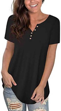 Uusollecy Damen Tunika Sommer, V-Ausschnitt Knopfleiste Kurzarm Bluse, Einfarbig Elegant Übergröße T-Shirt Oberteile Tops Schwarz 2XL von Uusollecy