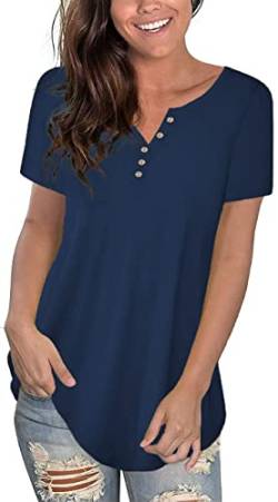Uusollecy Damen Tunika Sommer T-Shirt, V-Ausschnitt Knopfleiste Kurzarm Bluse, Einfarbig Elegant Übergröße Oberteile Tops Für Frauen Teen Girls Blau 2XL von Uusollecy