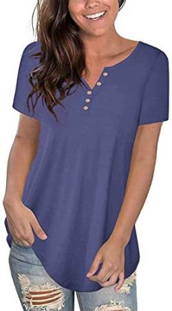 Uusollecy Damen Tunika Sommer T-Shirt, V-Ausschnitt Knopfleiste Kurzarm Bluse, Einfarbig Elegant Übergröße Oberteile Tops Für Frauen Teen Girls Blau 3XL von Uusollecy