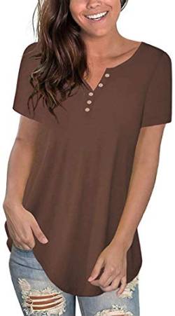 Uusollecy Damen Tunika Sommer T-Shirt, V-Ausschnitt Knopfleiste Kurzarm Bluse, Einfarbig Elegant Übergröße Oberteile Tops Für Frauen Teen Girls Braun M von Uusollecy