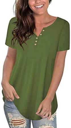 Uusollecy Damen Tunika Sommer T-Shirt, V-Ausschnitt Knopfleiste Kurzarm Bluse, Einfarbig Elegant Übergröße Oberteile Tops Für Frauen Teen Girls Grün L von Uusollecy