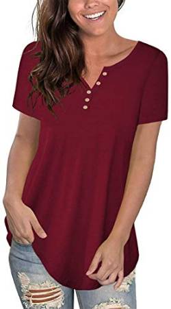 Uusollecy Damen Tunika Sommer T-Shirt, V-Ausschnitt Knopfleiste Kurzarm Bluse, Einfarbig Elegant Übergröße Oberteile Tops Für Frauen Teen Girls Rot 2XL von Uusollecy