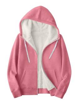 Uusollecy Hoodie Damen Fleecefutter Sweatjacke mit Kapuze, Einfarbig Warm Gefüttert Kapuzenjacke, Winter Sweatshirt Jacke mit Reißverschluss Rosa M von Uusollecy