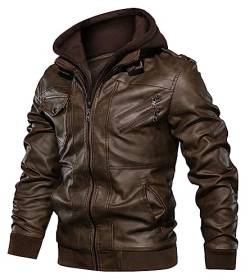 Uusollecy Lederjacke Herren, Abnehmbare Kapuze Kunstleder Jacket, Mit Kapuze Braun XL von Uusollecy