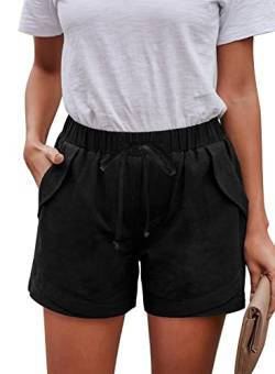 Uusollecy Shorts Damen Sommer Bermuda Tunnelzug Elastische High Waist Einfarbig Strand Shorts B-Schwarz S von Uusollecy