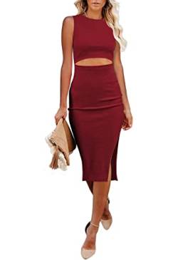 Uusollecy Sommerkleid Damen Cut Out Kleid mit Schlitz Bodycon Elegant Ärmellos Rundhals Knielang Kleider, Einfarbig Figurbetontes Midikleider Rot XL von Uusollecy