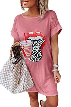Uusollecy Sommerkleid Damen Tshirt Kleider Rundhals Kurzarm Minikleid, Leopard Lippe Gedruckt Freizeitkleid Blusenkleid Rosa L von Uusollecy
