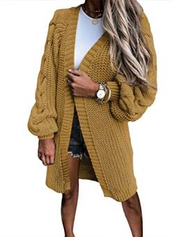 Uusollecy Strickjacke Dame Einfarbige Grobstrick Lang Strickmantel, Herbst Winter Langarm Strickcardigan, Casual Open Front Strickpullover Sweater Cardigan mit Puffärmel Gelb M von Uusollecy