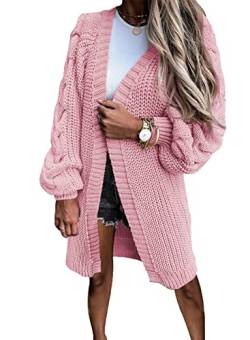 Uusollecy Strickjacke Damen, Einfarbige Grobstrick Lang Strickmantel, Herbst Winter Langarm Strickcardigan, Casual Open Front Strickpullover Sweater Cardigan mit Puffärmel Rosa XXL von Uusollecy