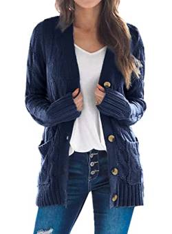 Uusollecy Strickjacke Damen Button Down Open Front Strickpullover, Einfarbig Langarm Grobstrick Cardigan, Herbst Winter Strickcardigan mit Tasche Blau M von Uusollecy