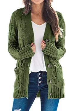 Uusollecy Strickjacke Damen Button Down Open Front Strickpullover, Einfarbig Langarm Grobstrick Cardigan, Herbst Winter Strickcardigan mit Tasche Grün L von Uusollecy