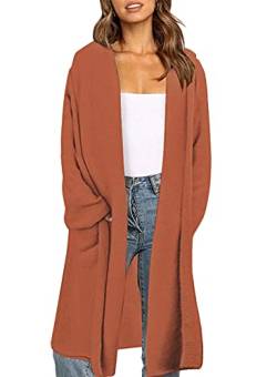 Uusollecy Strickjacke Damen Einfarbige Kapuzen Strickcardigan, Damen Herbst Winter Lang Strickmantel, Casual Langarm Open Front Strickpullover Cardigan mit Tasche Braun M von Uusollecy