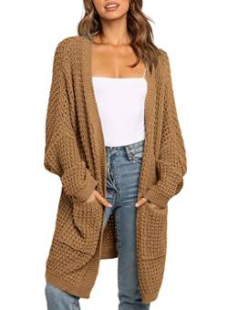 Uusollecy Strickjacke Damen Lang Open Front Cardigan, Casual Loose Langarm Strickcardigan mit Tasche Braun L von Uusollecy