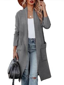 Uusollecy Strickjacke Damen Langarm Drapiert Open Front, Lange Cardigan mit Taschen Dunkelgrau S von Uusollecy