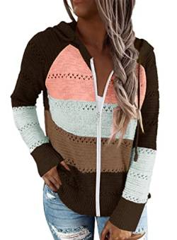 Uusollecy Strickjacke Damen Zip Hoodie Strickpullover, V-Ausschnitt Gestreift Pulli Sweatshirt, Herbst Winter Kapuzenpullover Oberteile Braun XL von Uusollecy