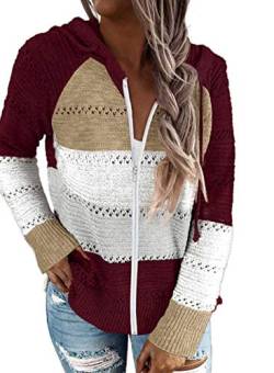 Uusollecy Strickjacke Damen Zip Hoodie Strickpullover, V-Ausschnitt Gestreift Pulli Sweatshirt, Herbst Winter Kapuzenpullover Oberteile rot L von Uusollecy