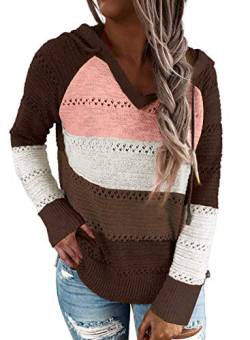 Uusollecy Strickpullover Damen V-Auschnitt Hoodie Pullover, Langarm Gestreift Kapuzenpullover, Gestrickt Pulli Sweatshirt Oberteile Braun L von Uusollecy