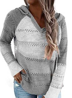 Uusollecy Strickpullover Damen V-Auschnitt Hoodie Pullover, Langarm Gestreift Kapuzenpullover, Gestrickt Pulli Sweatshirt Oberteile Grau XL von Uusollecy