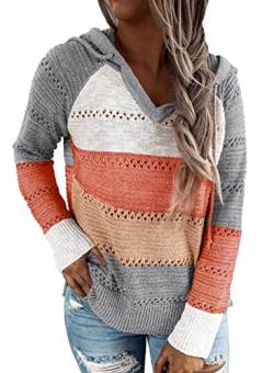 Uusollecy Strickpullover Damen V-Auschnitt Hoodie Pullover, Langarm Gestreift Kapuzenpullover, Gestrickt Pulli Sweatshirt Oberteile Mehrfarbig XL von Uusollecy