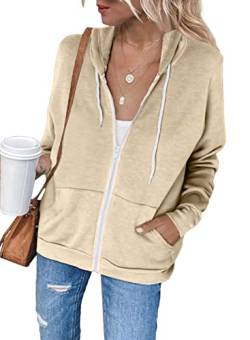 Uusollecy Sweatjacke Damen, Langarm Full Zip Hoodie Sweatshirt, Casual Loose Einfarbig Kapuzenjacke, Reissverschluss Kapuzenpullover Sweatshirt mit Kapuze Khaki L von Uusollecy