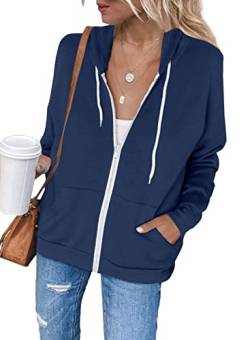 Uusollecy Sweatjacke Damen, Langarm Full Zip Hoodie Sweatshirt, Casual Loose Einfarbig Kapuzenjacke, Reissverschluss Kapuzenpullover Sweatshirt mit Kapuze Marineblau M von Uusollecy