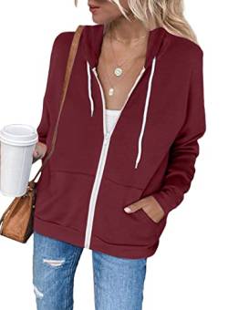 Uusollecy Sweatjacke Damen, Langarm Full Zip Hoodie Sweatshirt, Casual Loose Einfarbig Kapuzenjacke, Reissverschluss Kapuzenpullover Sweatshirt mit Kapuze Rot S von Uusollecy