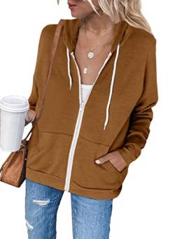 Uusollecy Sweatjacke Damen, Langarm Full Zip Hoodie Sweatshirt, Casual Loose Einfarbig Kapuzenjacke, Reissverschluss Kapuzenpullover Sweatshirtjacke mit Kapuze Braun L von Uusollecy