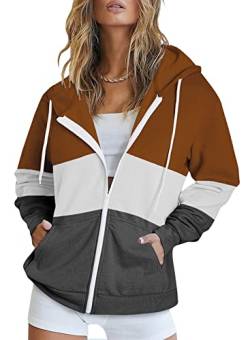 Uusollecy Sweatjacke Damen Full Zip Farbblock Hoodie Sweatshirt, Casual Loose Langarm Kapuzenpullover, Gestreifte Reissverschluss Sweatshirt Tops Oberteile mit Kapuze Braun M von Uusollecy