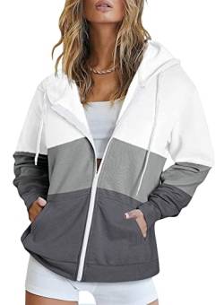 Uusollecy Sweatjacke Damen Full Zip Farbblock Hoodie Sweatshirt, Casual Loose Langarm Kapuzenpullover, Gestreifte Reissverschluss Sweatshirt Tops Oberteile mit Kapuze Grau M von Uusollecy