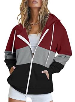 Uusollecy Sweatjacke Damen Full Zip Farbblock Hoodie Sweatshirt, Casual Loose Langarm Kapuzenpullover, Gestreifte Reissverschluss Sweatshirt Tops Oberteile mit Kapuze Rot M von Uusollecy