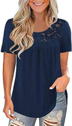 Uusollecy Tunika Damen, Rundhals Spitze Einfarbig Kurzarm Blusen, Casual Lose Tuniken T-Shirt Oberteile Tops Für Frauen Teen Girls Blau L von Uusollecy