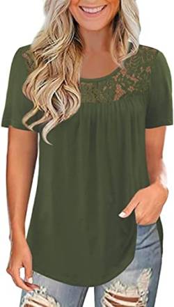 Uusollecy Tunika Damen, Rundhals Spitze Einfarbig Kurzarm Blusen, Casual Lose Tuniken T-Shirt Oberteile Tops Für Frauen Teen Girls Grün XL von Uusollecy