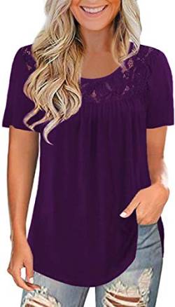 Uusollecy Tunika Damen, Rundhals Spitze Einfarbig Kurzarm Blusen, Casual Lose Tuniken T-Shirt Oberteile Tops Für Frauen Teen Girls Lila L von Uusollecy