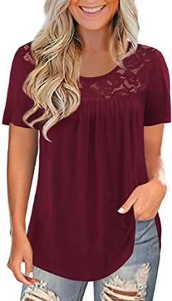 Uusollecy Tunika Damen, Rundhals Spitze Einfarbig Kurzarm Blusen, Casual Lose Tuniken T-Shirt Oberteile Tops Für Frauen Teen Girls rot M von Uusollecy