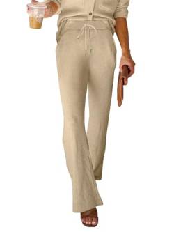 Uusollecy Weite Hose Damen High Waist Strickhose, Elastischer Bund mit Kordelzug Freizeithosen mit Taschen Khaki L von Uusollecy