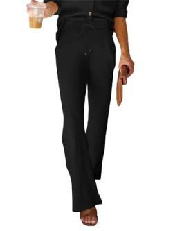 Uusollecy Weite Hose Damen High Waist Strickhose, Elastischer Bund mit Kordelzug Freizeithosen mit Taschen Schwarz L von Uusollecy