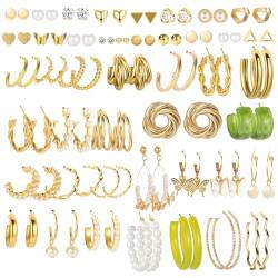 Uwiyo 44 Paar Gold Ohrringe Set für Damen Mädchen Gold Hoop Ohrringe Creolen Ohrstecker Gold Boho Perlen Ohrringe Multipack für Geschenk von Uwiyo
