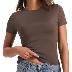 Uwiyo Damen Skims Dupe Crop Tops Kurzarm Y2K Slim Fit T-Shirt Braun Kurzarm Oberteil Basic T-Shirts Rundhals Cropped Tee Streetwear (DE/NL/SE/PL, Alphanumerisch, S, Regular, Regular, Braun) von Uwiyo