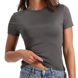 Uwiyo Damen Skims Dupe Crop Tops Kurzarm Y2K Slim Fit T-Shirt Grau Kurzarm Oberteil Basic T-Shirts Rundhals Cropped Tee Streetwear (DE/NL/SE/PL, Alphanumerisch, S, Regular, Regular, Grau) von Uwiyo