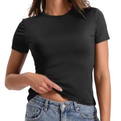 Uwiyo Damen Skims Dupe Crop Tops Kurzarm Y2K Slim Fit T-Shirt Schwarz Kurzarm Oberteil Basic T-Shirts Rundhals Cropped Tee Streetwear (DE/NL/SE/PL, Alphanumerisch, L, Regular, Regular, Schwarz) von Uwiyo