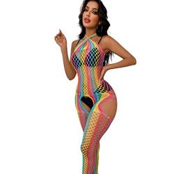 V-TiNG Damen Corss Regenbogen Netz Bodystocking Netzstrümpfe Catsuit ouvert Bodys Reizwäsche Sexy Strumpfhosen Nachtbekleidung Unterwäsche Dessous Ärmellos für Frauen Sex S-L von V-Ting