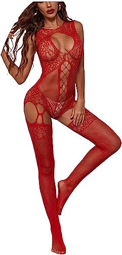 V-TiNG Sexy unterwäsche dessous damen erotik set Netz durchsichtiges Bodystocking bodysuit catsuit Nachtwäsche (Rot Gitter, S/M/L) von V-Ting