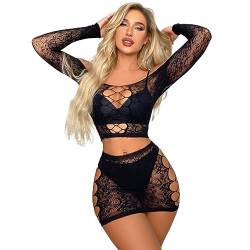 V-Ting sexy dessous reizwäsche outfit unterwäschedamen für sexy set für frau Bodystocking catsuit ouvert sexy oberteil &Minirock Netzkleid damen erotisch set (Schwarz Set) von V-Ting